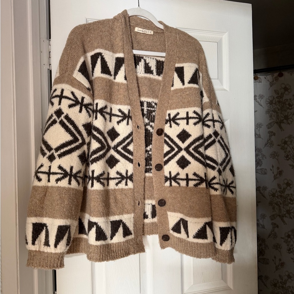 Cozy Tan and Black boho Geometric Cardigan